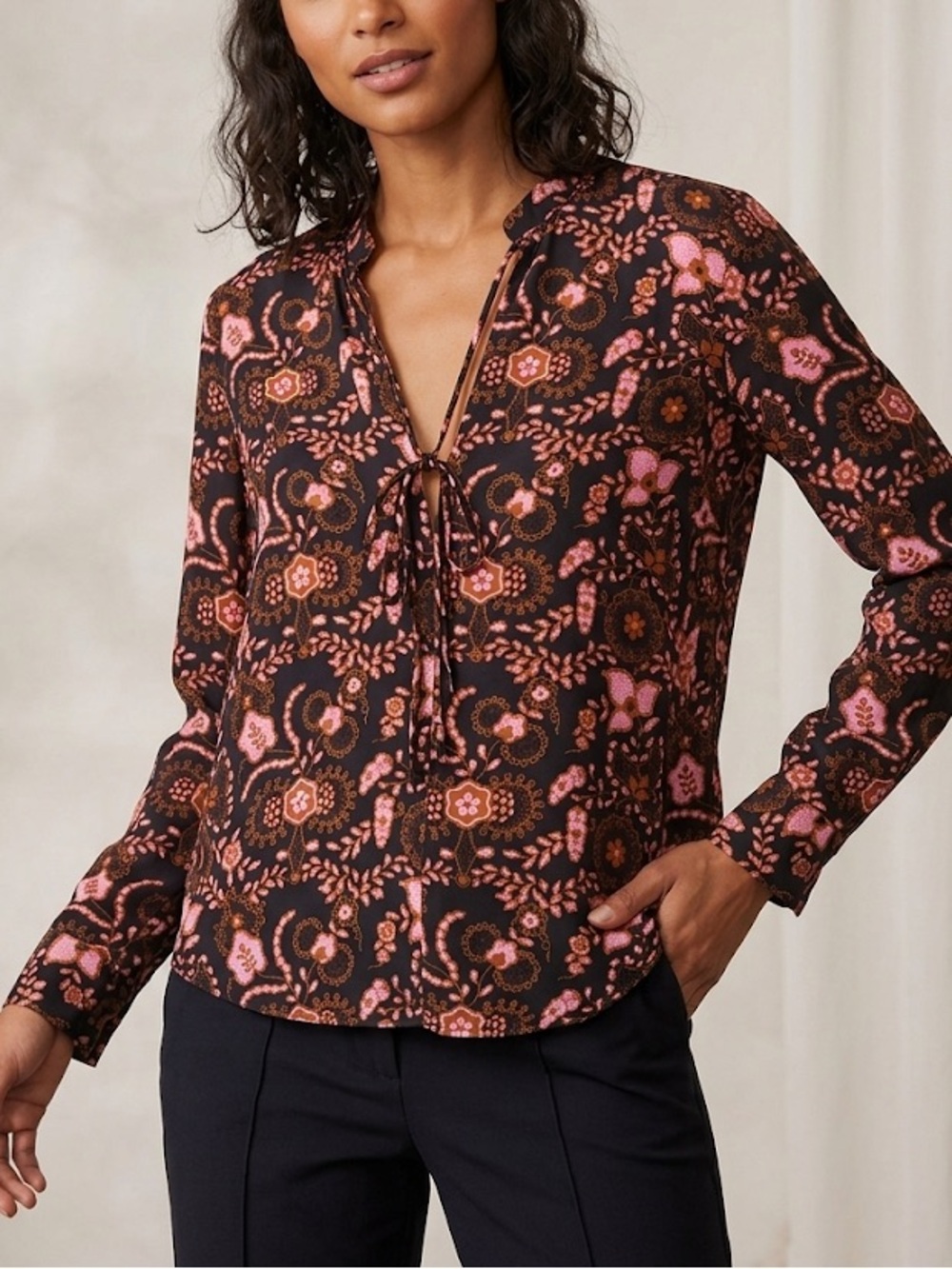 A.L.C. Sacha Silk Floral Blouse Longsleeve Size 6 Henna Pink Orange Black Vneck